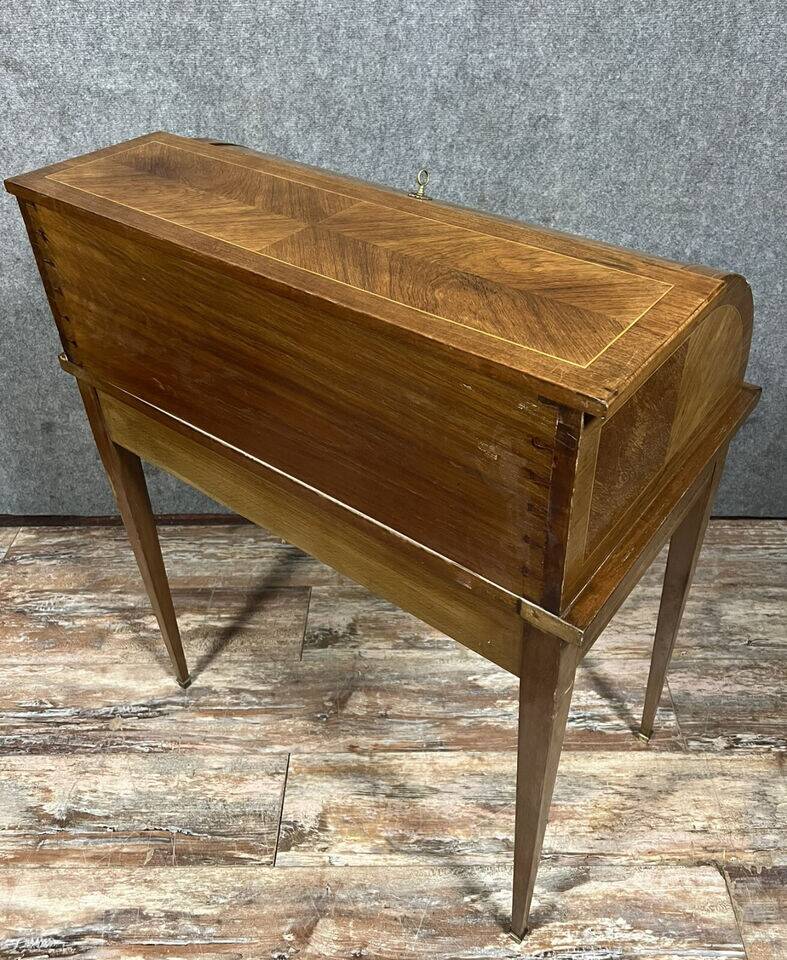 Louis XVI style cylinder desk in marquetry with floral decorations circa 1880