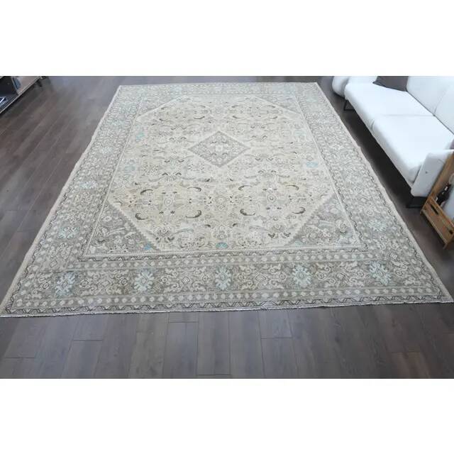 1970s Vintage Persian Handmade Wool Cotton Light Brown Area Rug 302x394