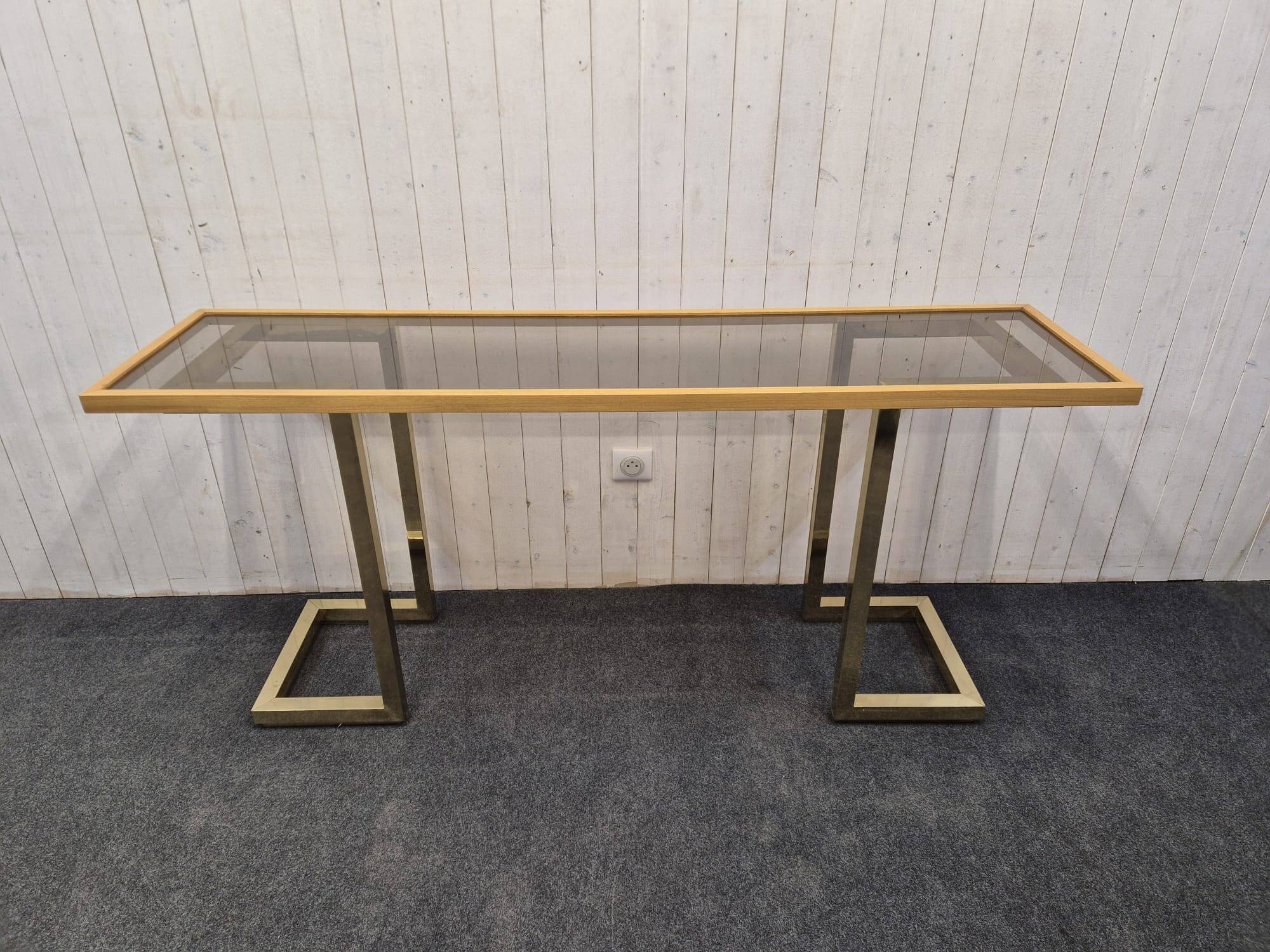 Vintage brass and smoked glass console.