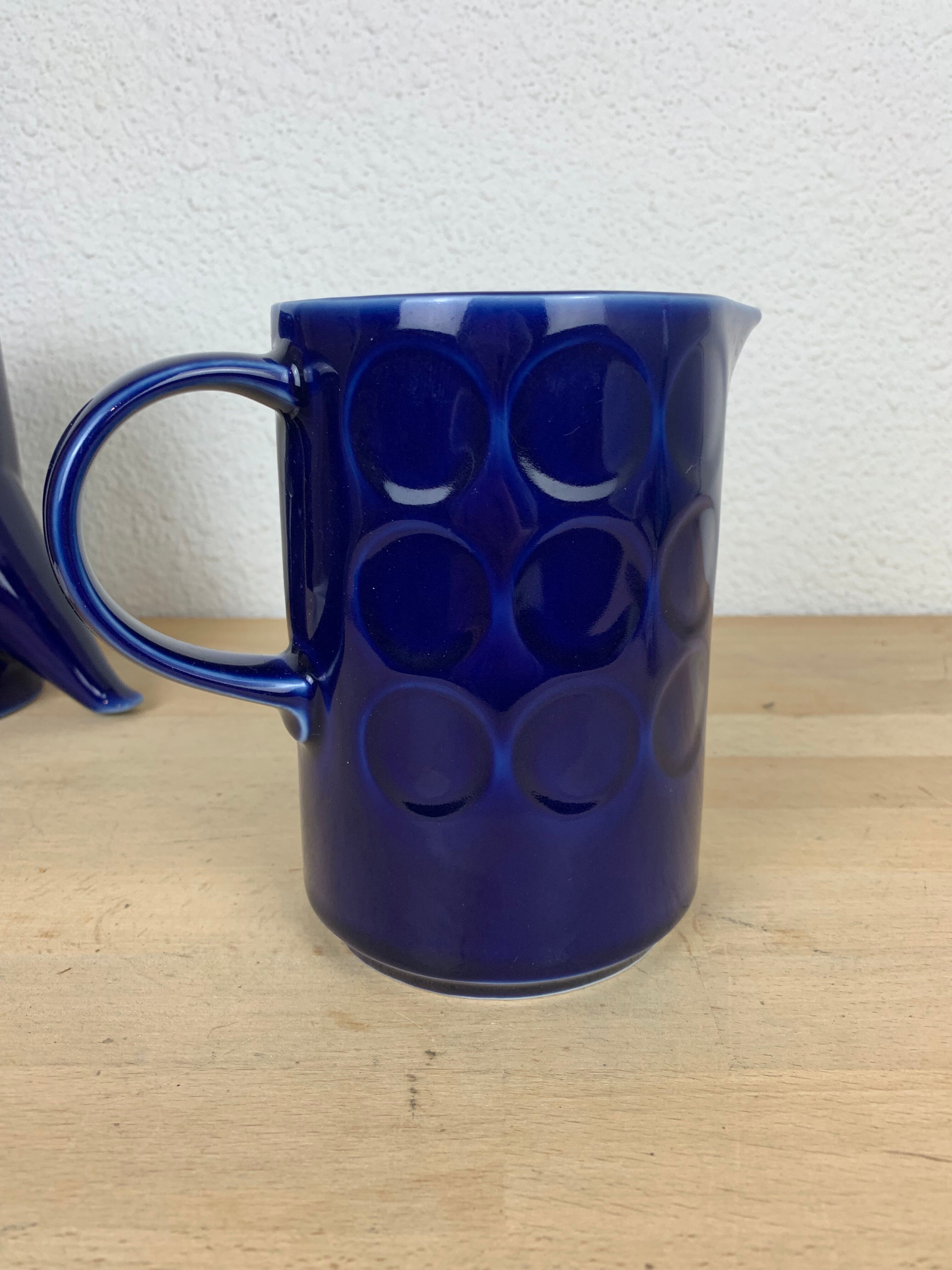 Vintage teapot and pitcher, blue ceramic
