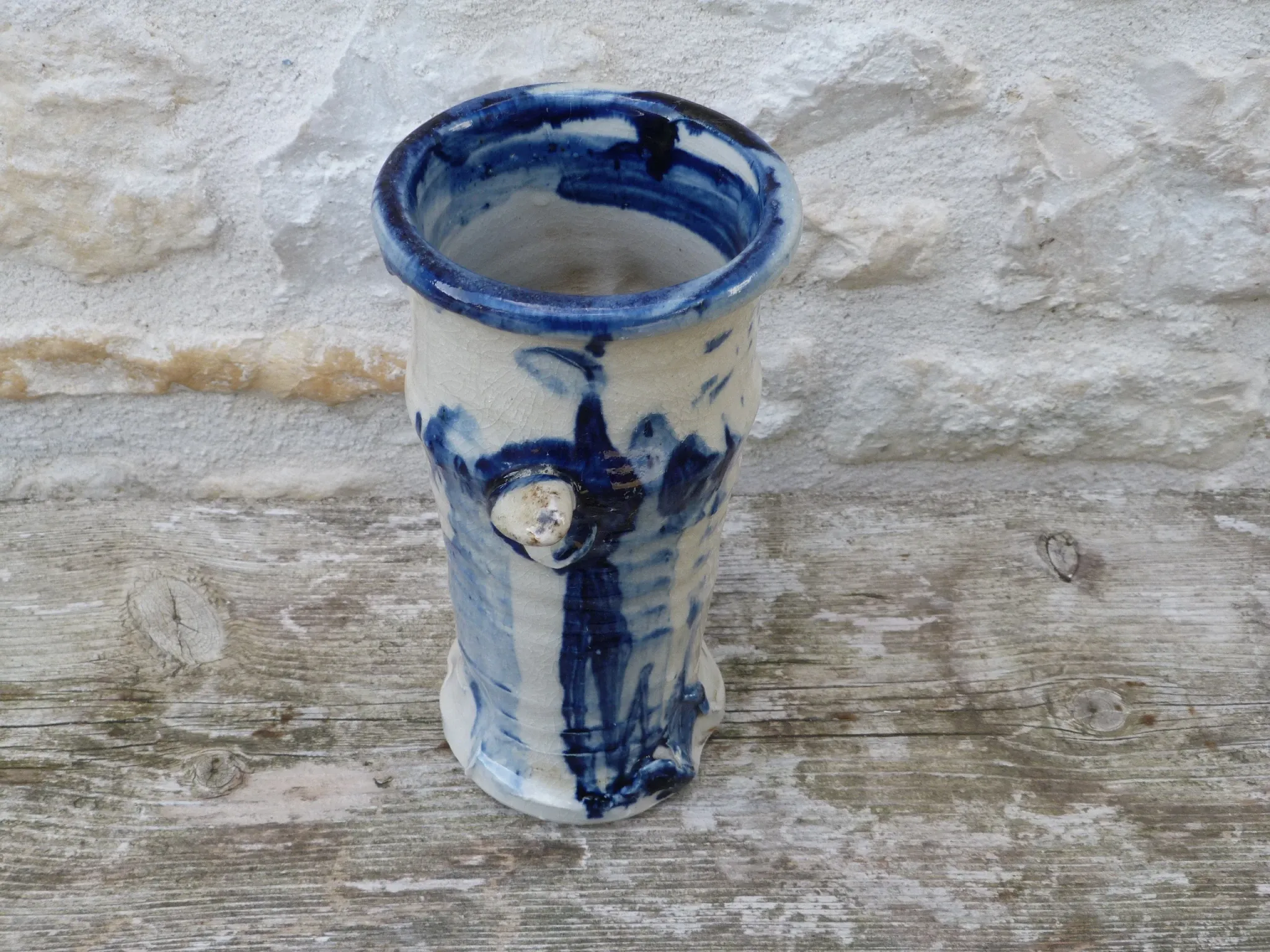 Vintage 1950 Brutalist vase in pottery with blue glazes, signed Blaso.