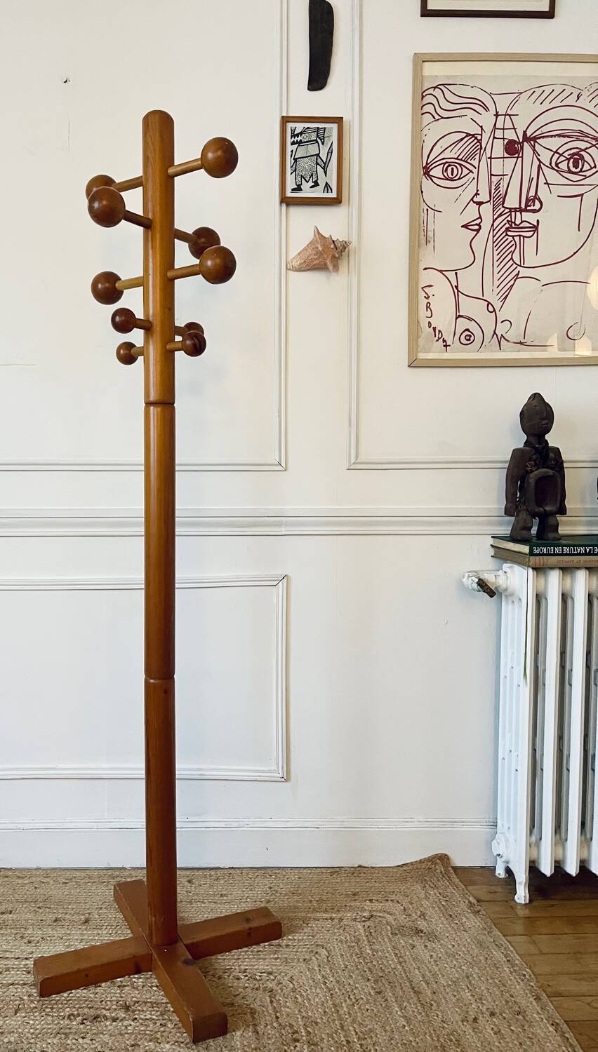 Pine coat rack with 10 hooks, 1970s.