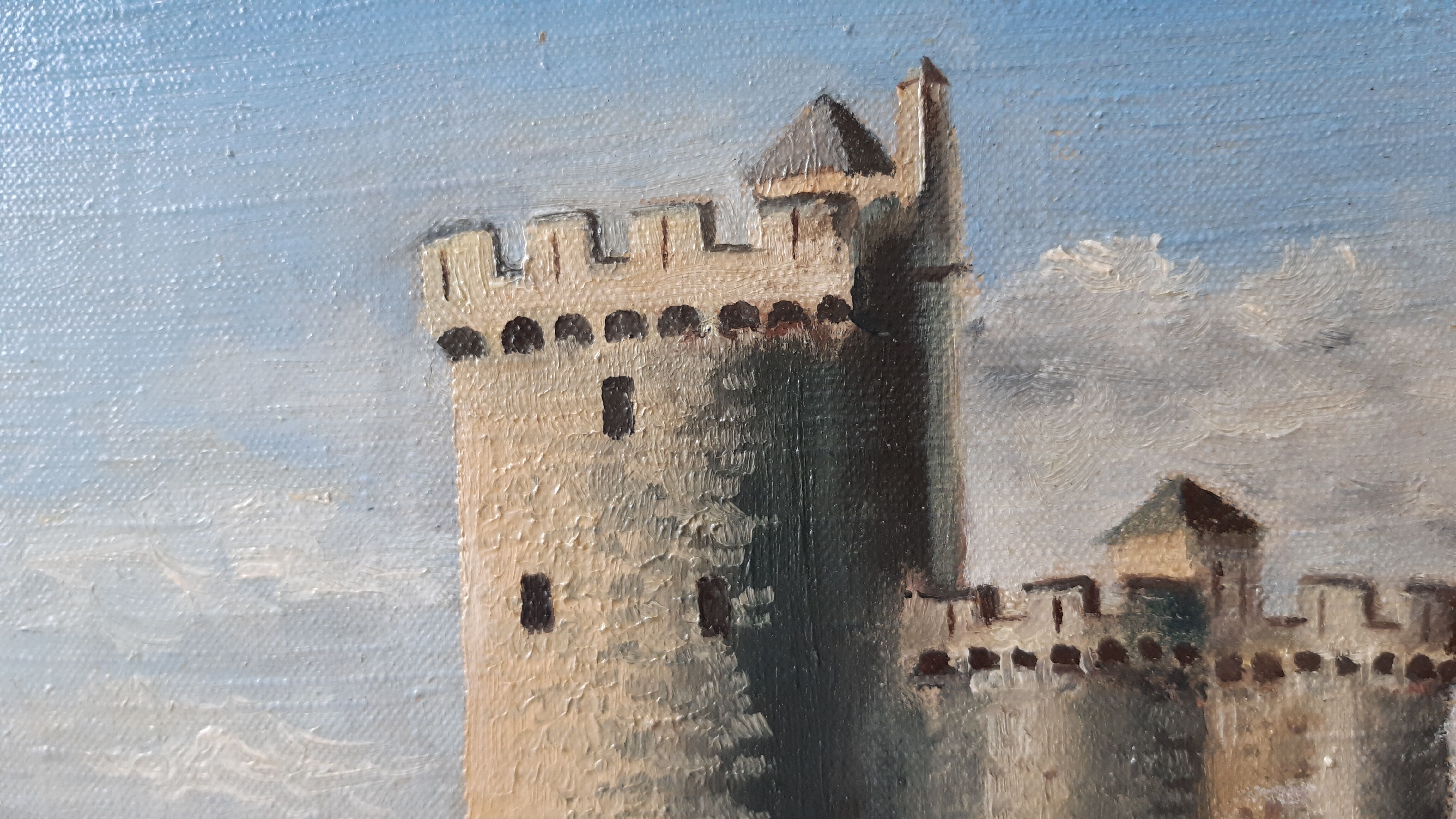 Oil painting on canvas port castle signed 1952