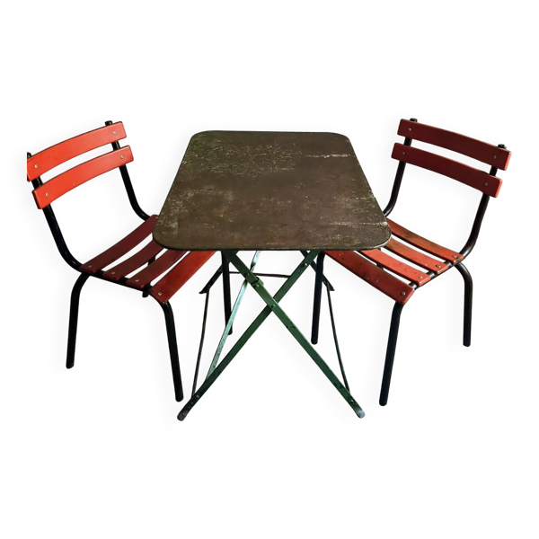 Table bistrot pliante française ancienne avec paire de chaises de jardin vintage