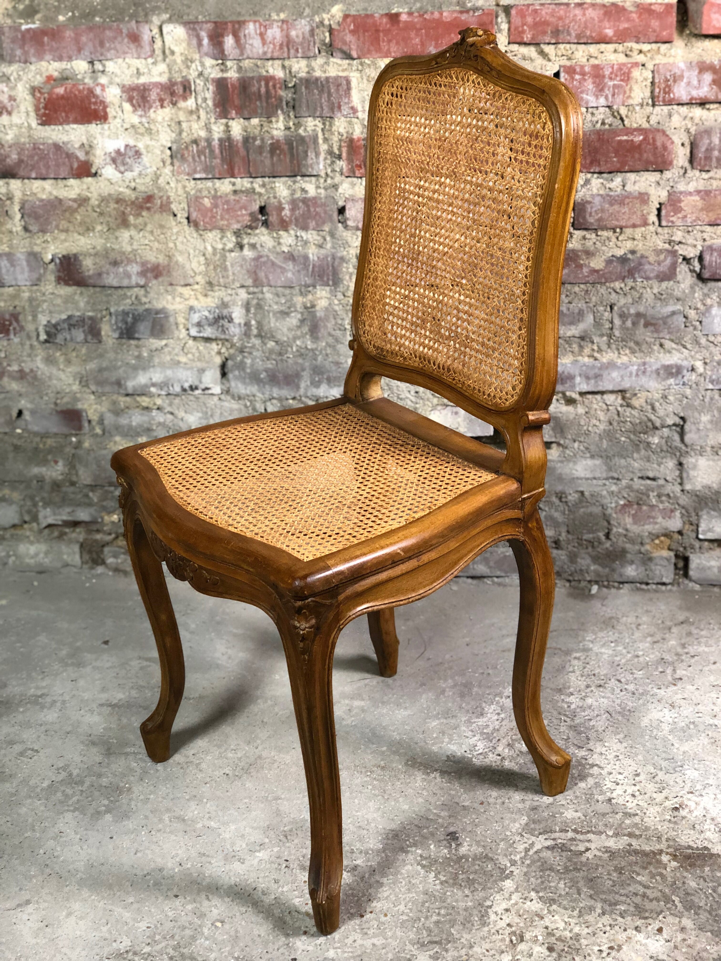 Chairs (lot of 6) Louis XV style in solid walnut caned 1940