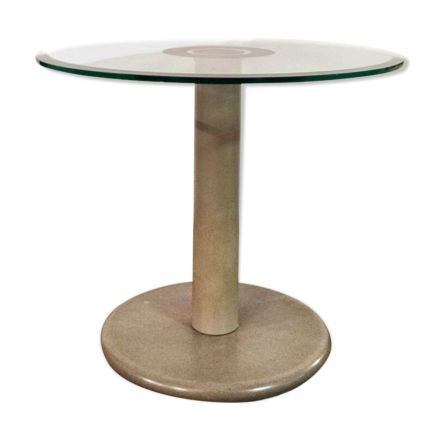 Coffee table with granite base, enamelled iron structure, 80s glass top