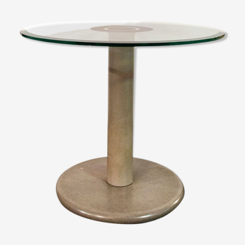 Coffee table with granite base, enamelled iron structure, 80s glass top