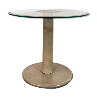 Coffee table with granite base, enamelled iron structure, 80s glass top