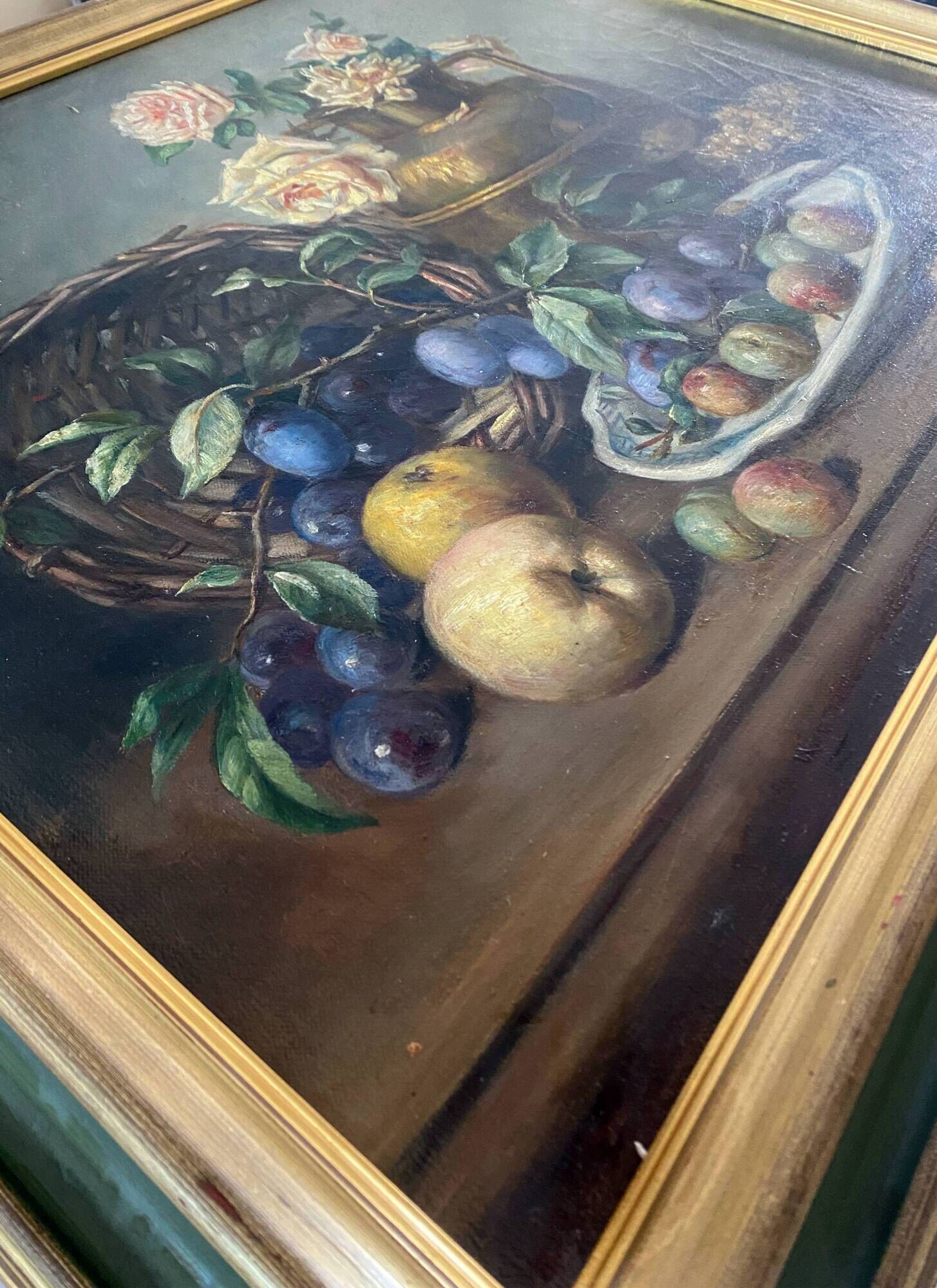HST painting "Still life with roses and fruits" signed Maniere 1920