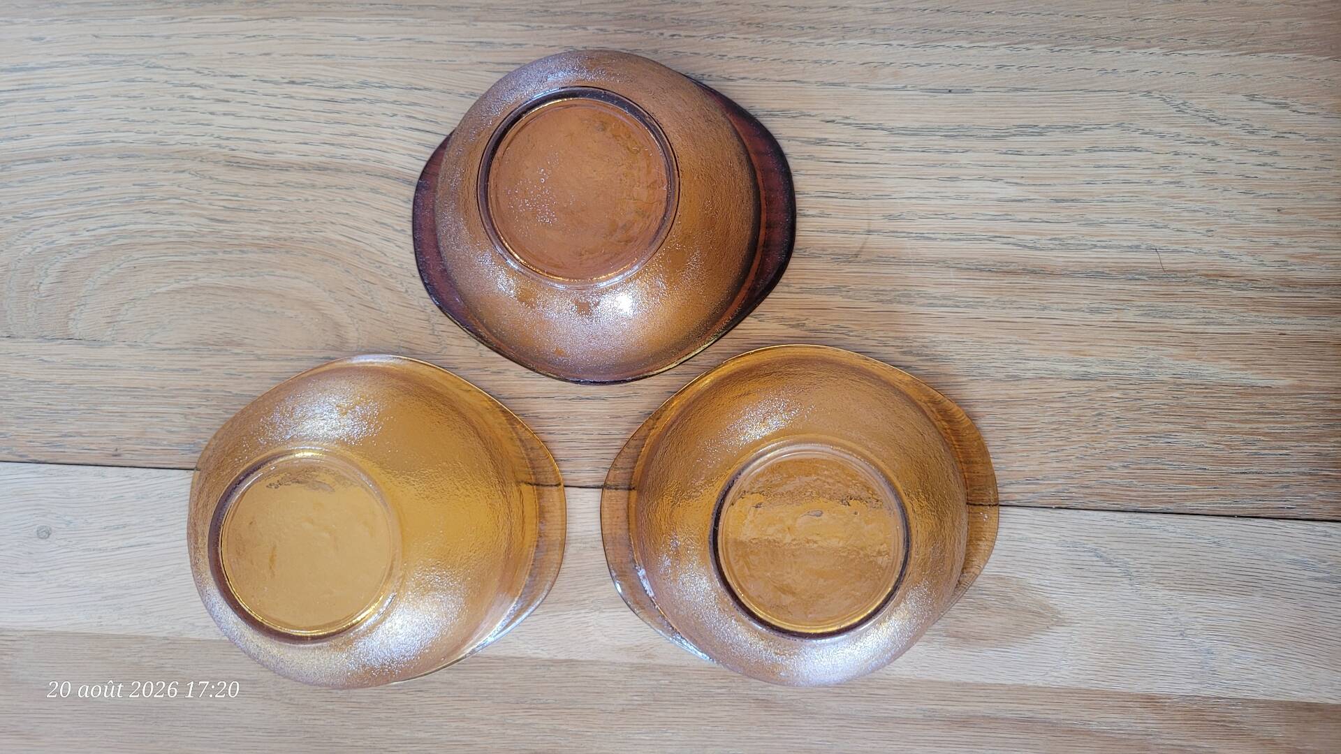3 frosted glass bowls, amber