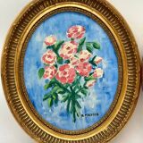 Peintures sur panneau isorel (39*33)signes cadre doré ovale bouquets de fle