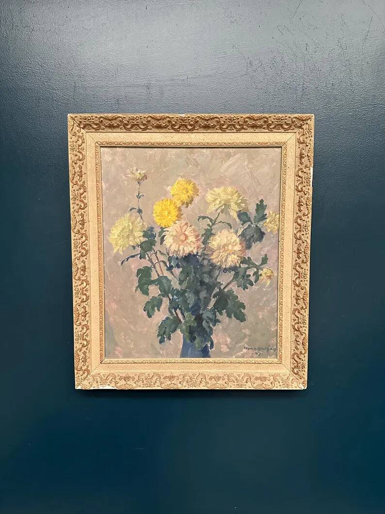 Original Swedish Oil on Panel – “Chrysanthemums” by Max Hellberg – Signed – Vintage & Framed – 68 × 58 cm (26.8" × 22.8")
