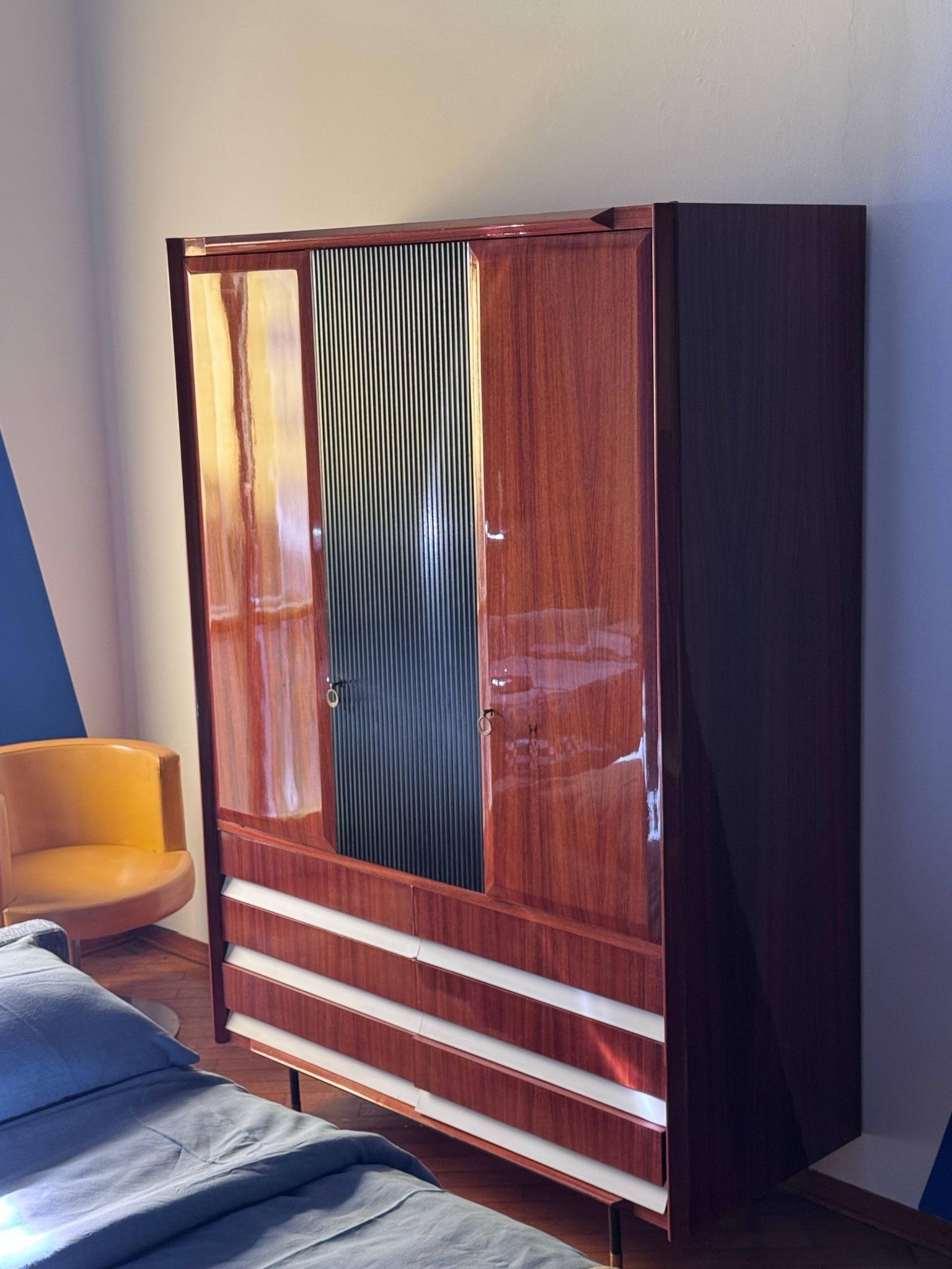 Vintage Italian Wardrobe, Walnut, Fluted Wood, Brass Feet 1950s italian