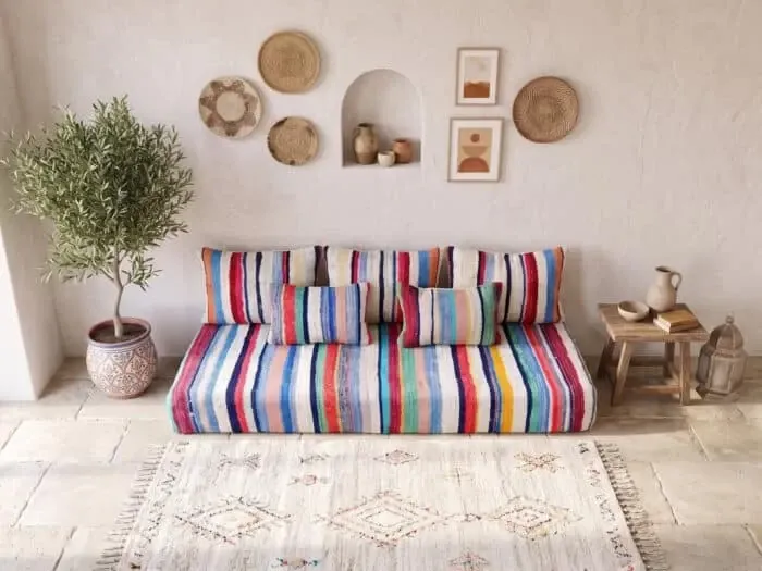 Multicoloured bohemian floor cushion – Handwoven striped recycled cotton