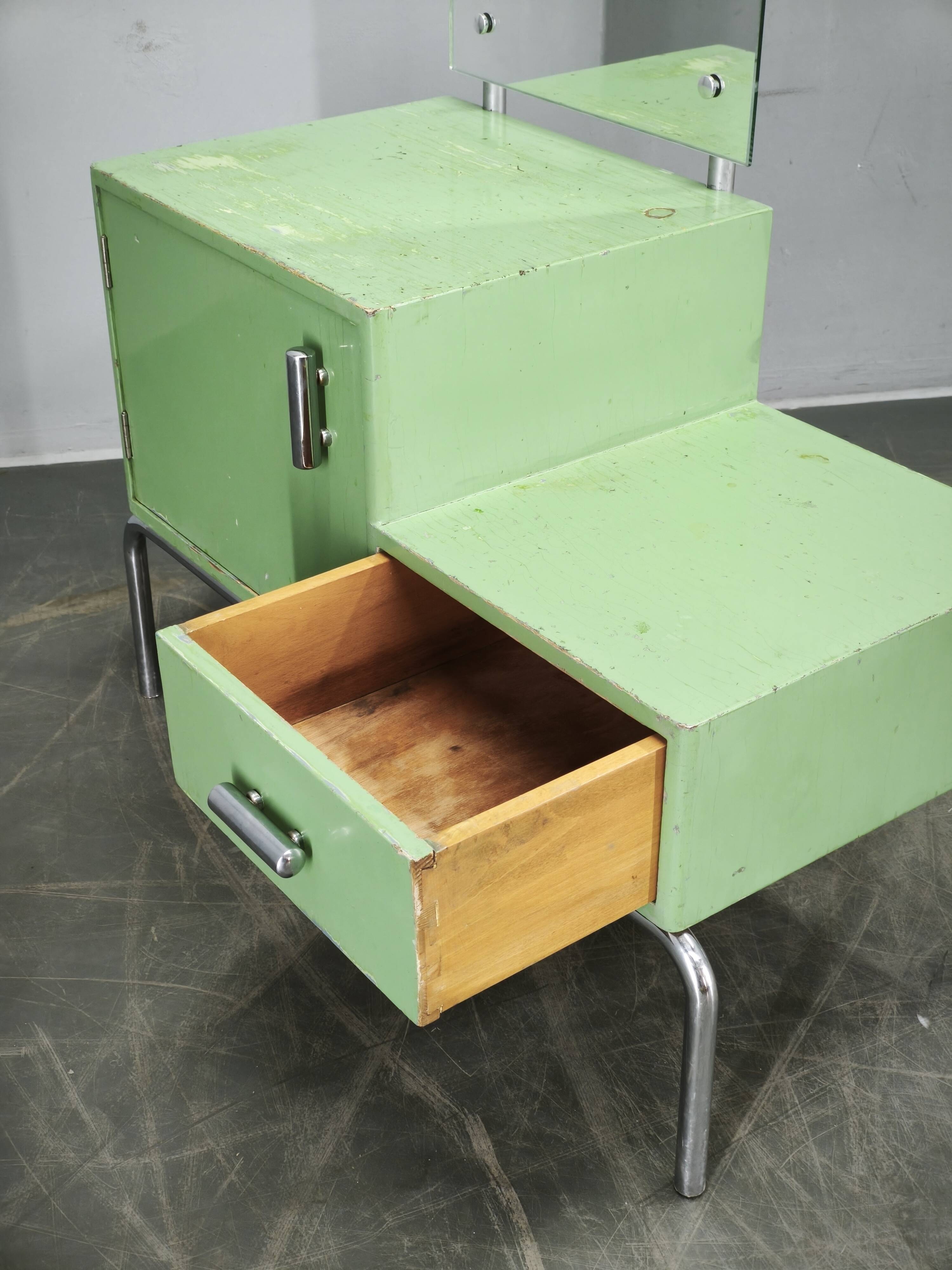 Bauhaus Czech Green Vanity Table with Mirror and Chrome Frame, 1930s