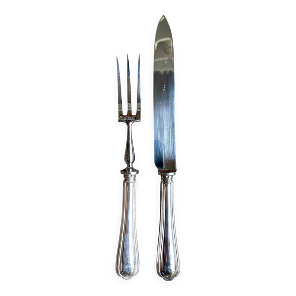 2 couverts de service, à viande Christofle en métal argenté, motif ''Spatours