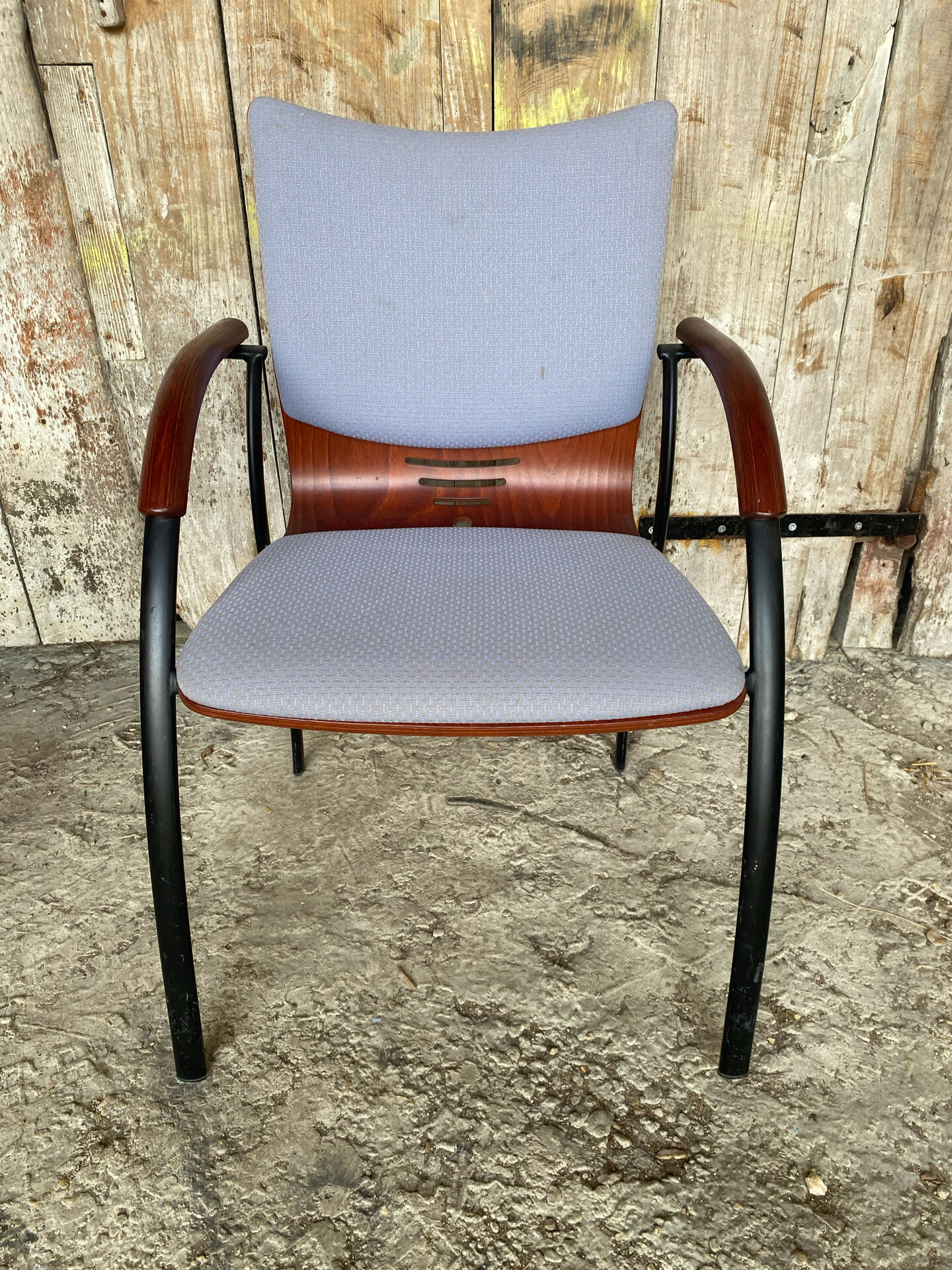 Vintage Armchair RONÉO Black Metal Legs + Dark Wood Shell + Vintage Fabric