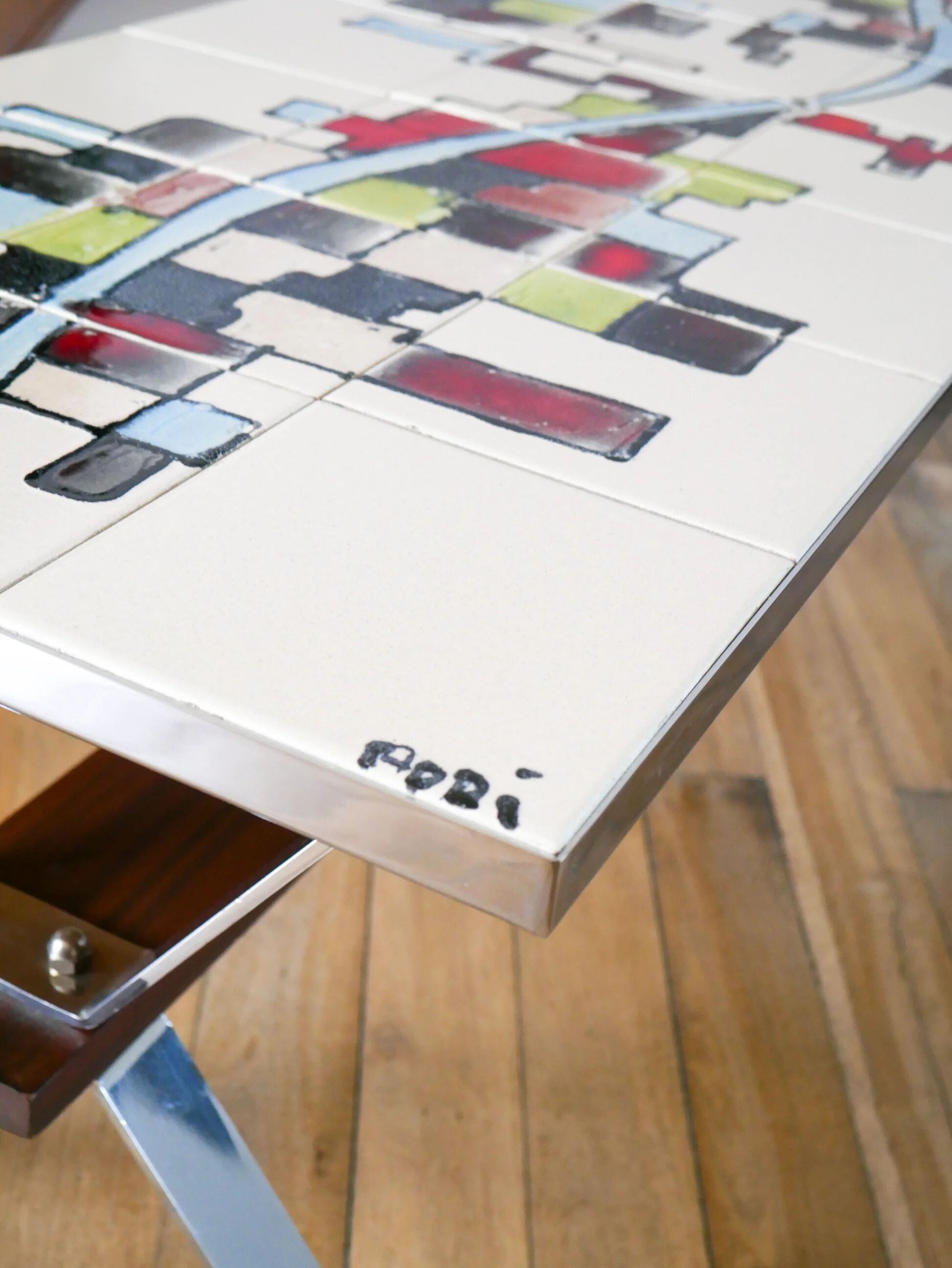 Ceramic coffee table, chrome and teak legs, Space Age, signed, 1970.