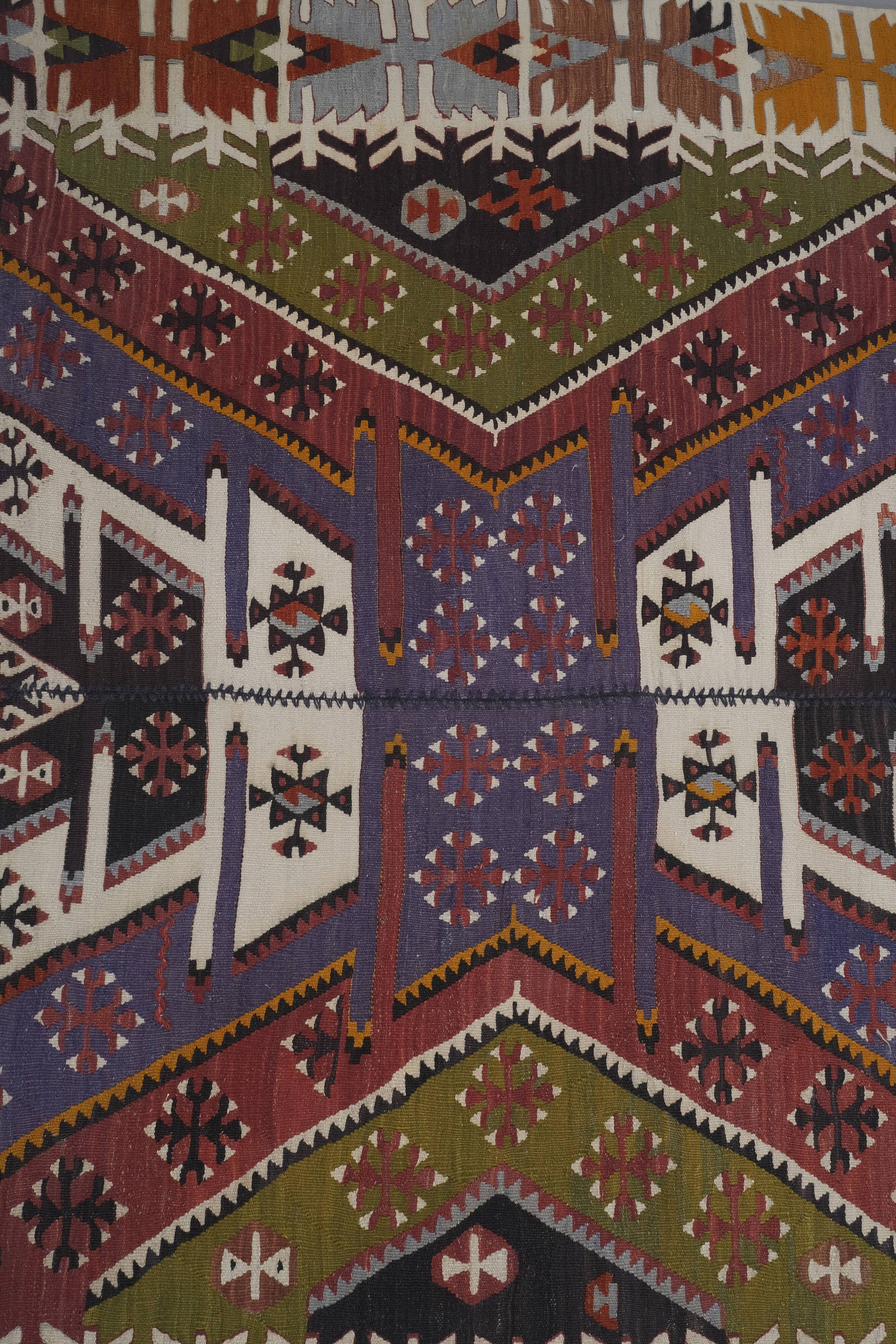 Ancient Turkish Anatolian Tribal Kilim, Geometric Organic Wool Kilim Rug