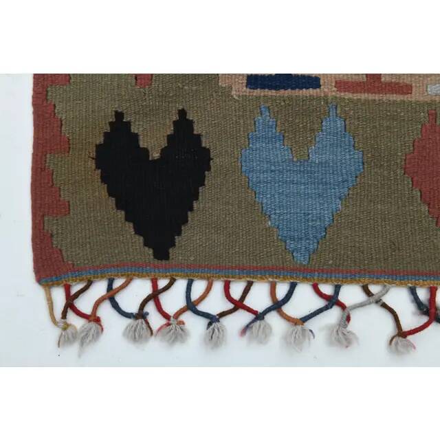 1970s Vintage Turkish Oushak Handmade Wool Cotton Green Runner Rug 107x175