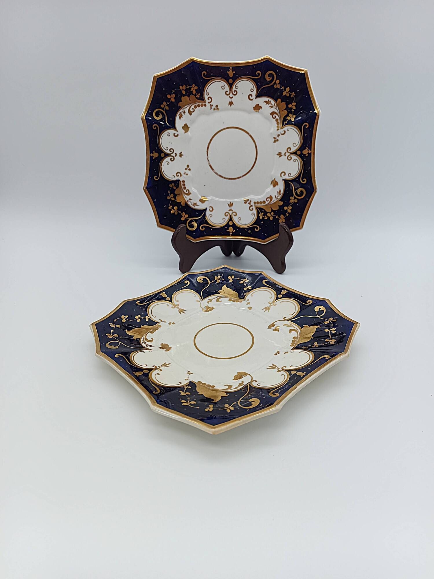 Pair of Square Plates Porcelain from Paris Cobalt and Gold Empire Style