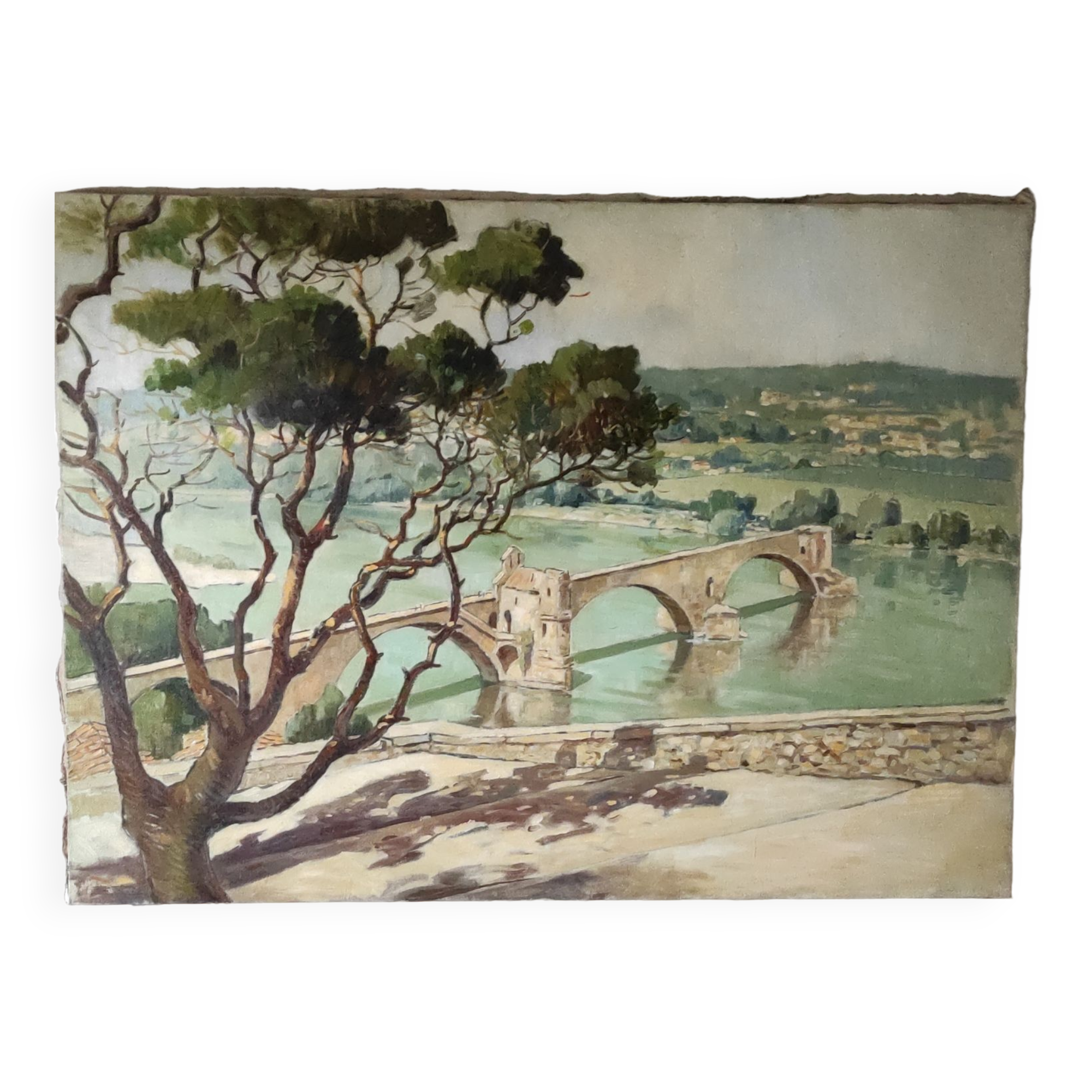 Painting The Avignon Bridge impressionist landscape Oil on canvas 30s 40s
