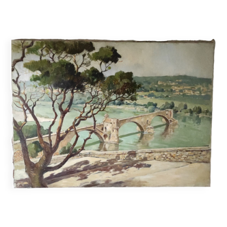 Painting The Avignon Bridge impressionist landscape Oil on canvas 30s 40s