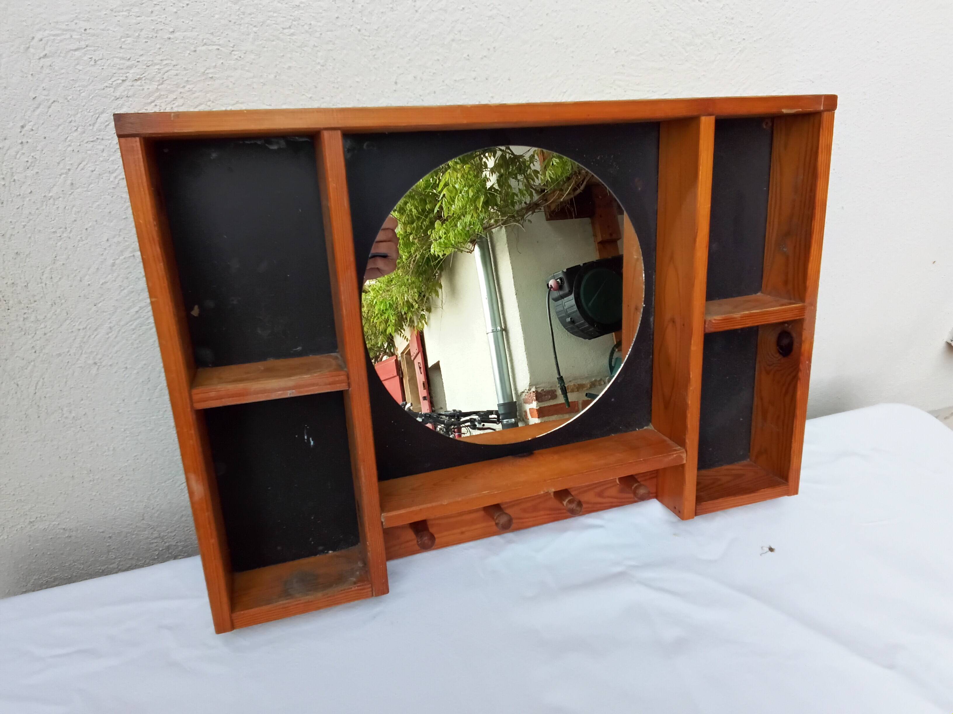 Étagère bois miroir rond année 80