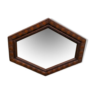Hexagonal carved wooden mirror