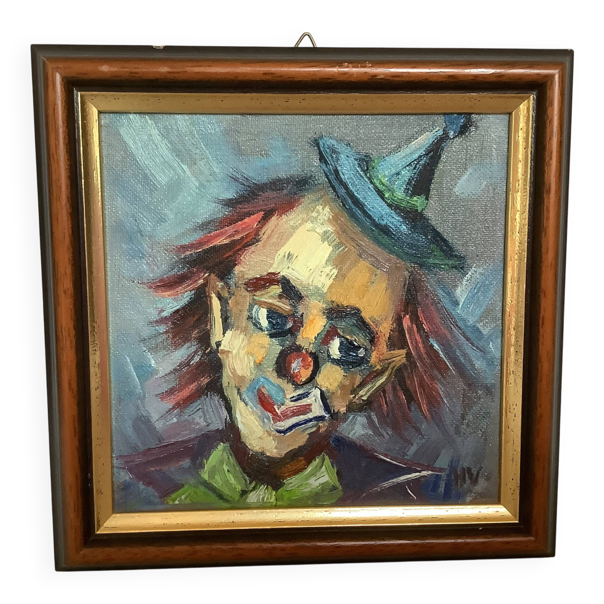 Small clown painting, oil on panel, signed