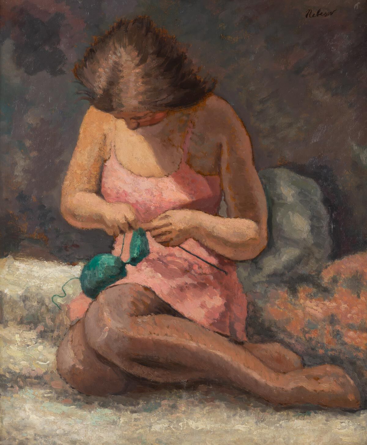 Painting, young knitting woman signed J. Nebesov 30