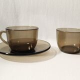 Set of 6 coffee cups and vintage saucers Vereco brown smoked glass