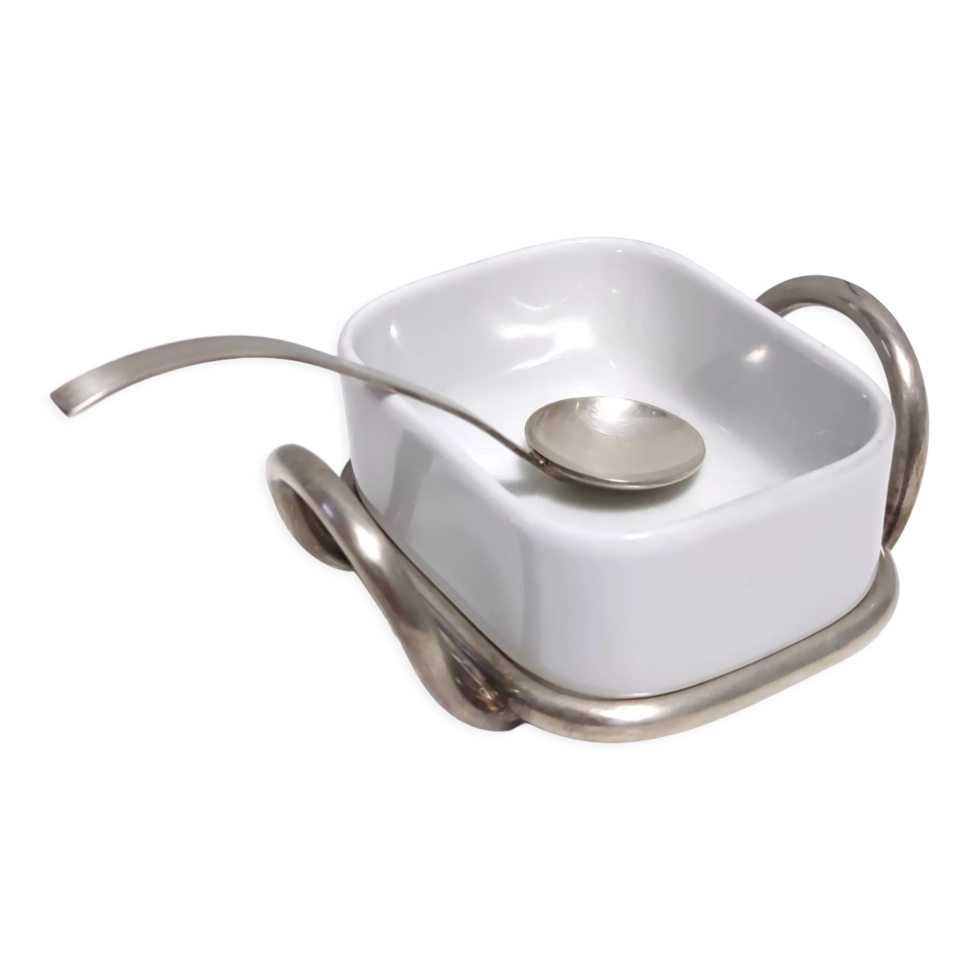 Postmodern Lino Sabattini Silver-Plated and Ceramic Cheese Bowl with Spoon