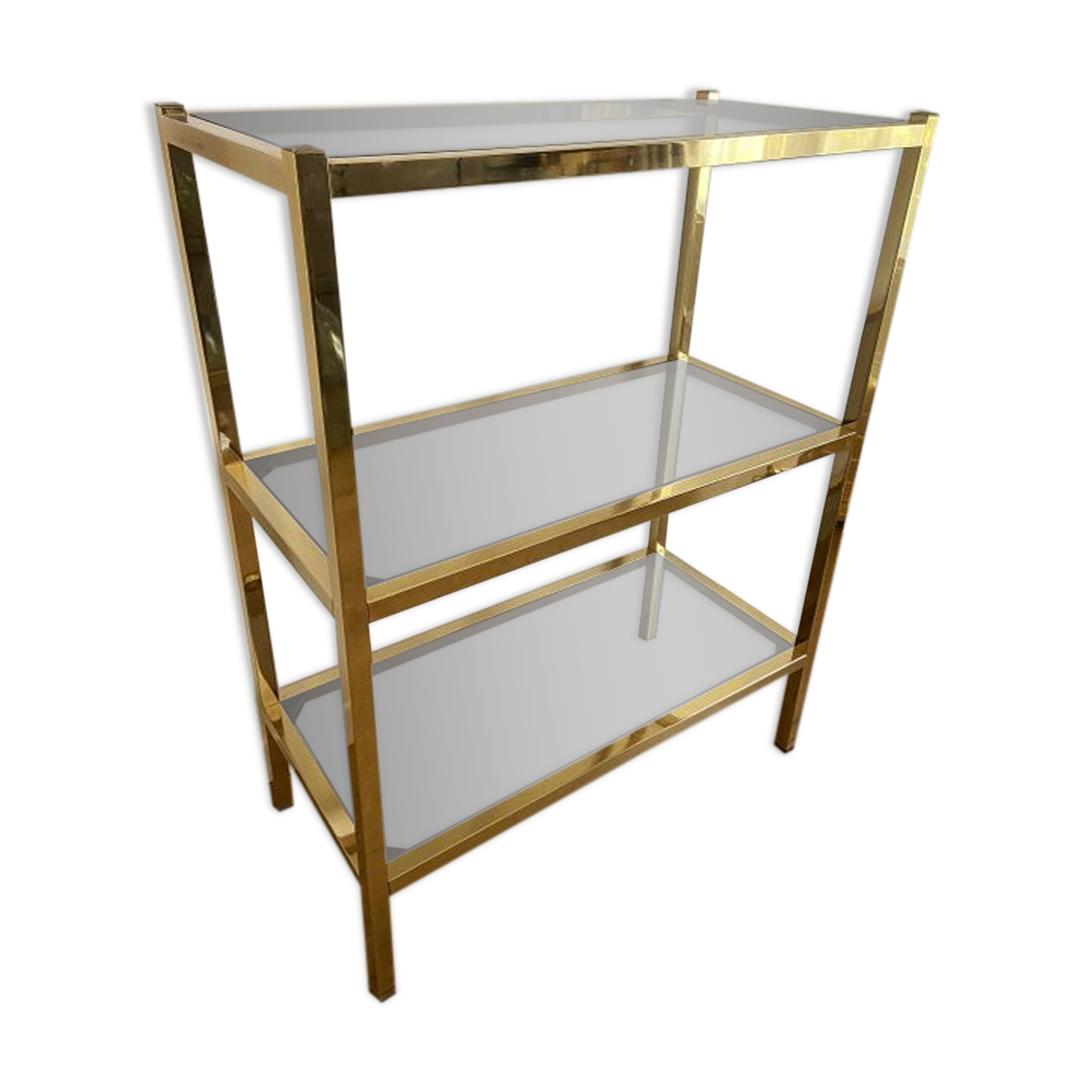 VINTAGE SHELF CONSOLE IN GOLD METAL AND SMOKED GLASS
