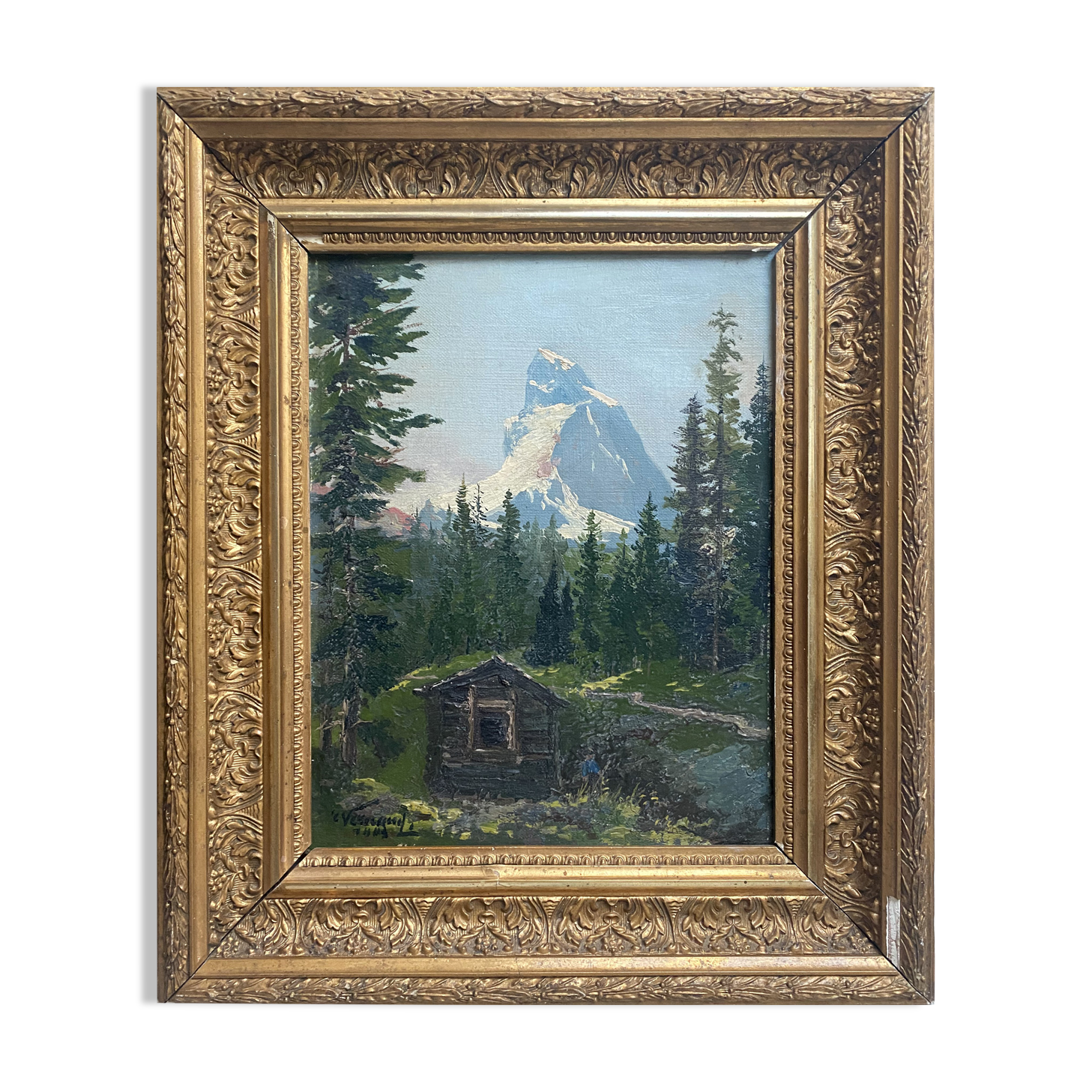 HST table "Animated mountain landscape" XIX°/XX° signed with frame