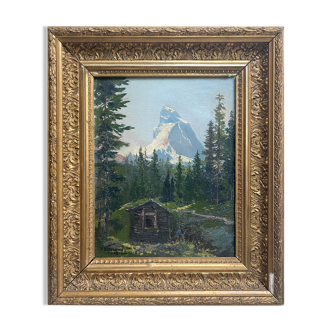HST table "Animated mountain landscape" XIX°/XX° signed with frame