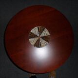 Round Art Deco side table from the 1930s, brown wood with glass mosaic inlay.