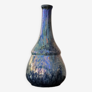 Vase bouteille en grès flammé irisé bleu signé Cytère Art Déco années 20