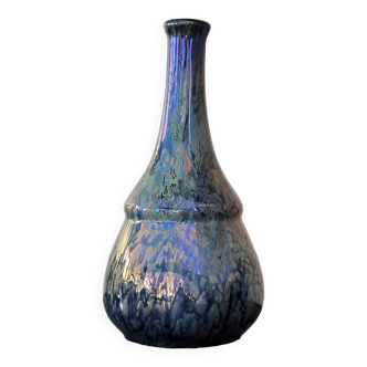 Blue iridescent flamed stoneware bottle vase signed Cytère Art Deco 1920s