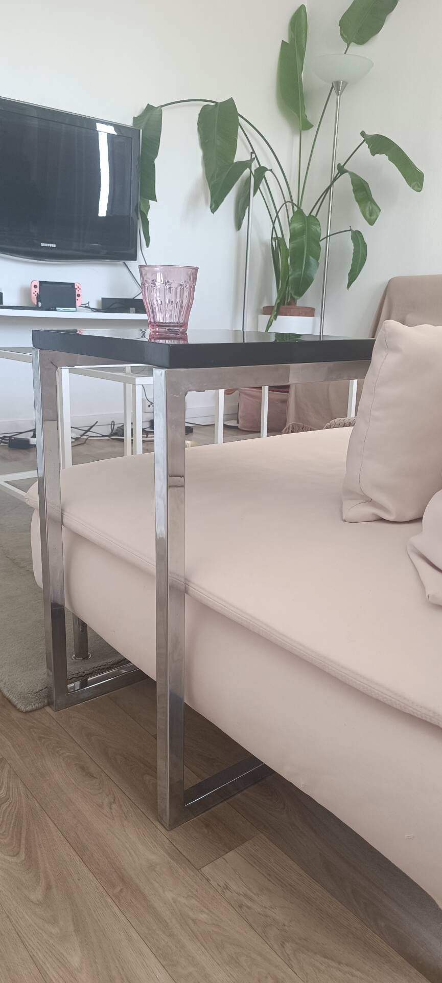 Contemporary C design side table — Heavy chrome steel and top