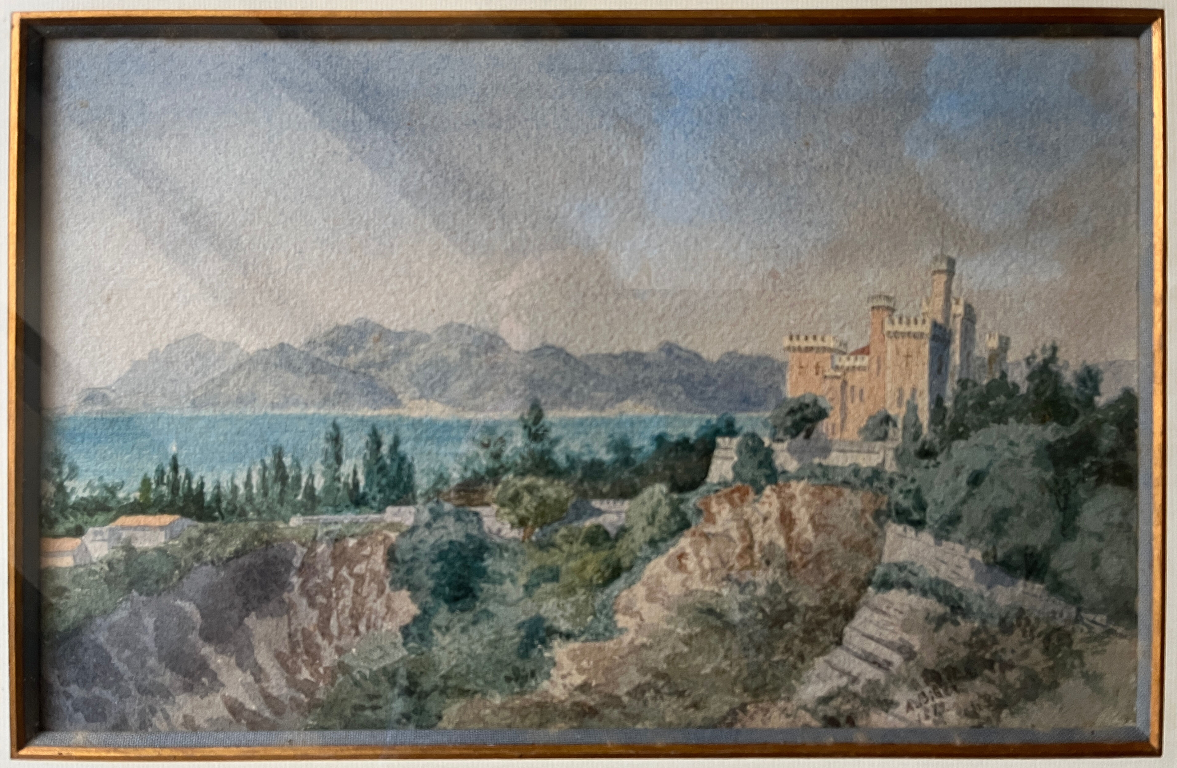 Tableau aquarelle originale "Cateau de la Napoule A. Biber 1879 Alpes maritimes