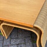Pine wood and ratan table with 2 ottomans