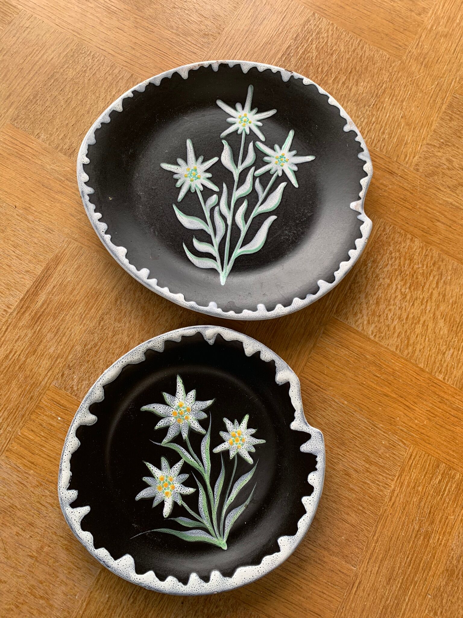 Two plates, decorative dishes edelweiss patterns in glazed ceramic signed SF vintage