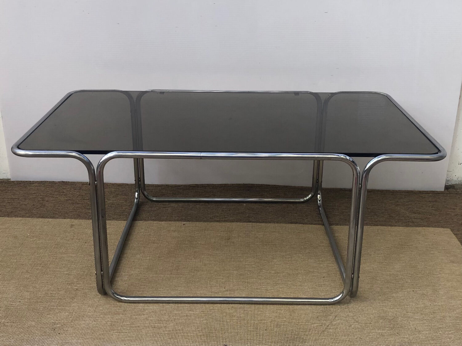Coffee table in smoked glass and chrome 1970