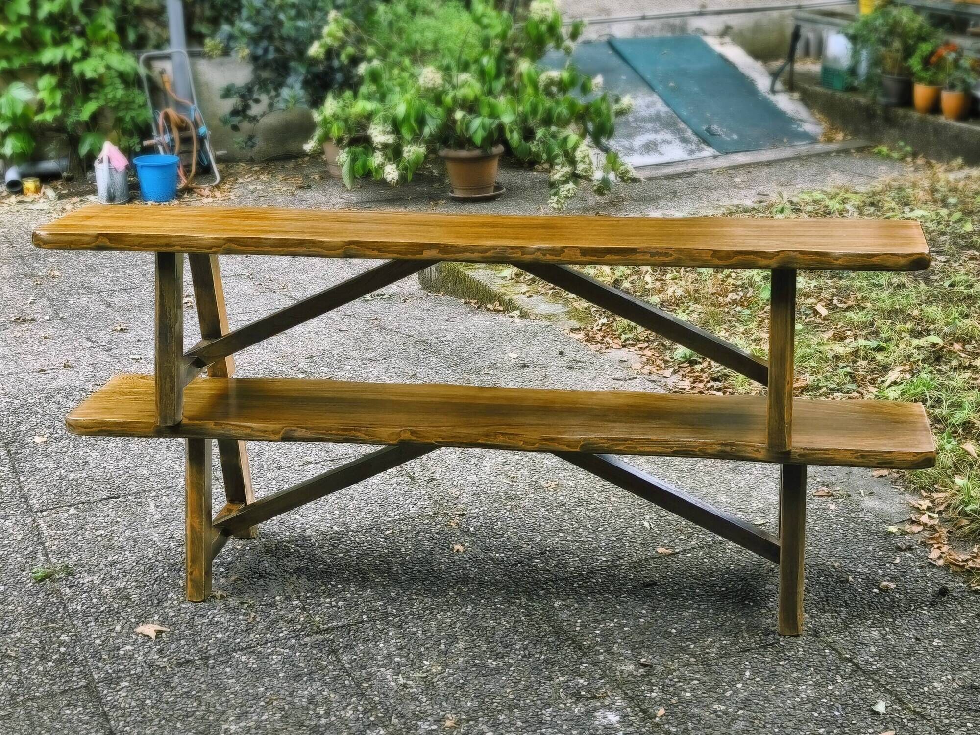 Pair of brutalist benches in solid blond elm by Aranjou, France, 1970s