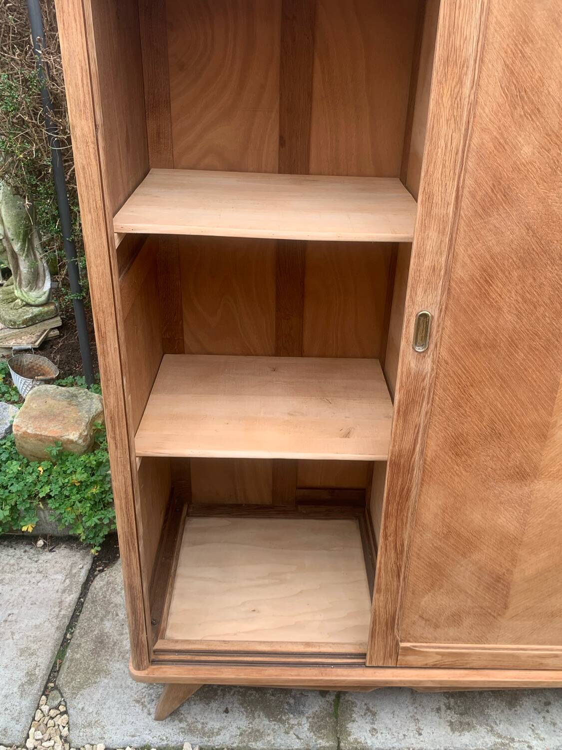Vintage wardrobe with compass legs in raw wood, sliding doors, 1960s