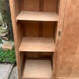 Vintage wardrobe with compass legs in raw wood, sliding doors, 1960s