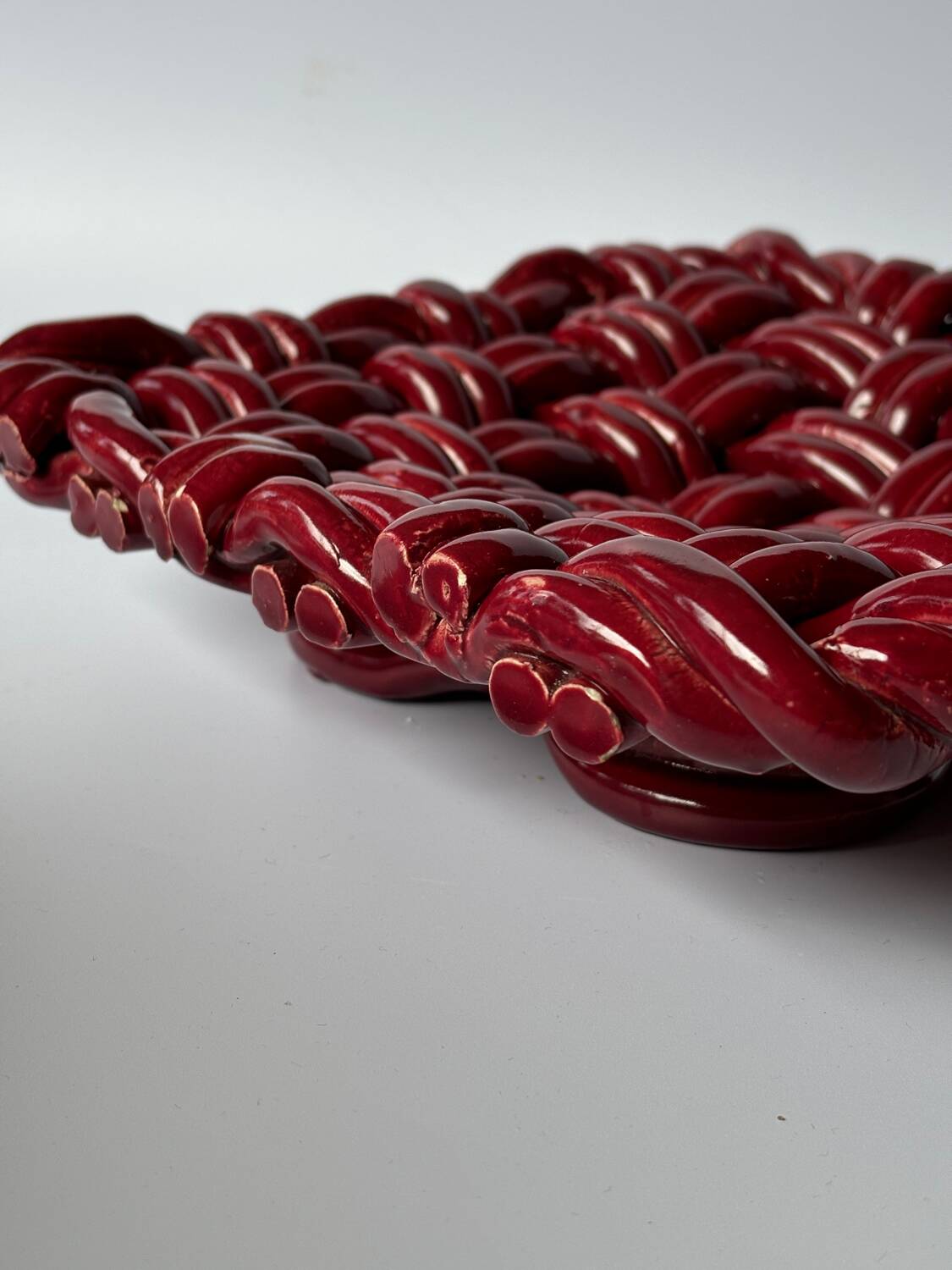 Burgundy woven ceramic basket bowl