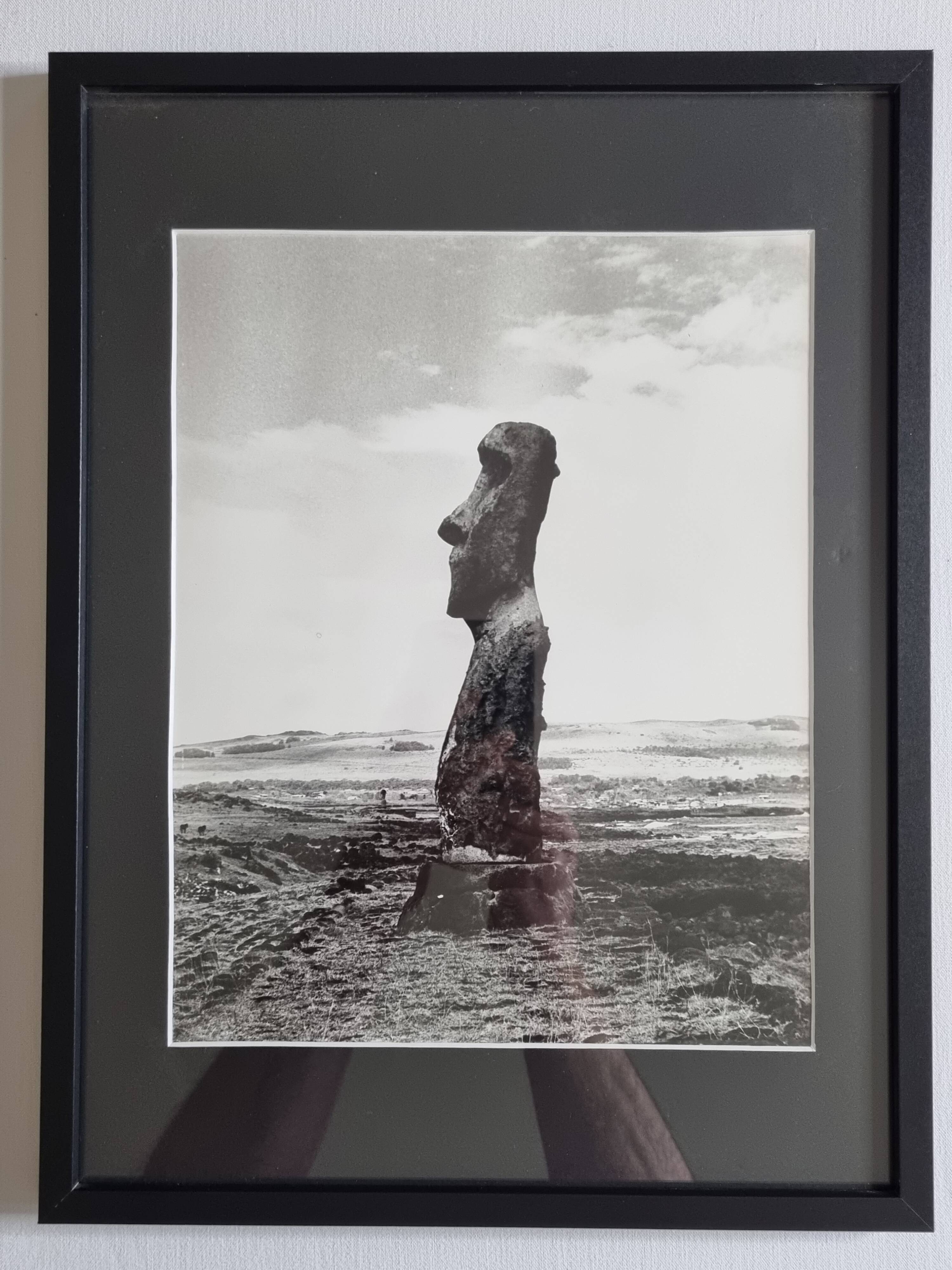 Vintage framed silver print, Moai of Easter Island, ethnological mission from 1970