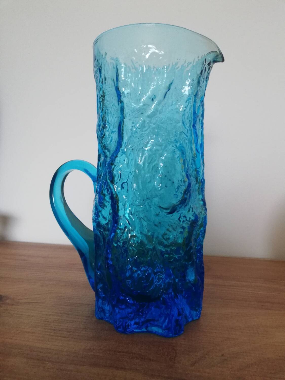 Blue Glass Pitcher with Bark Effect Textured Surface by Geoffrey Baxter or Ingrid Glasshütte from the 1960s-70s.
